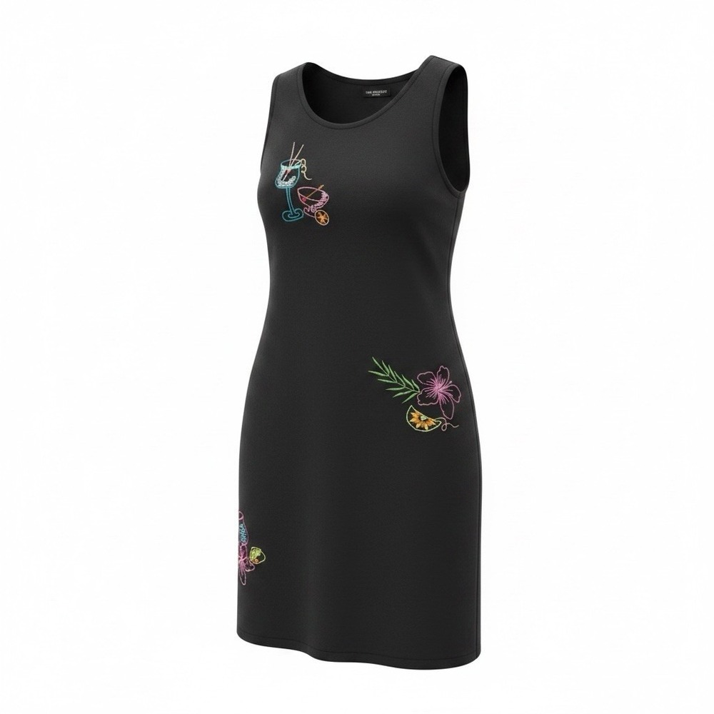 Kim Rogers Womens Tank Dress Medium Black Embroidered Tropical Floral Cotton